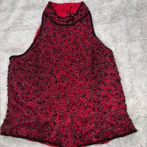 Adrianna Papell Red & Black Whimsigoth Beaded Top